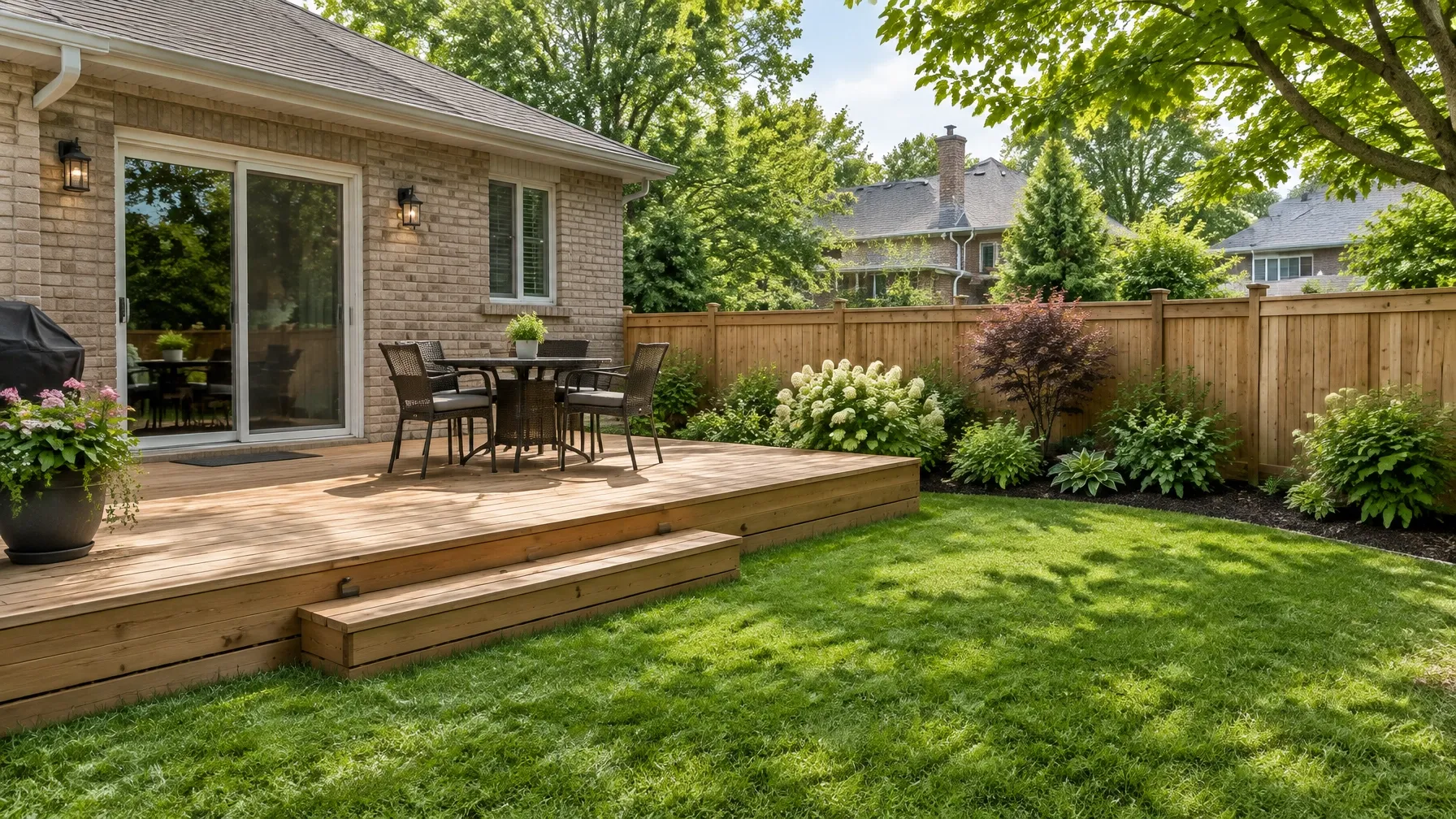 A small deck and fence project in a landscaped backyard