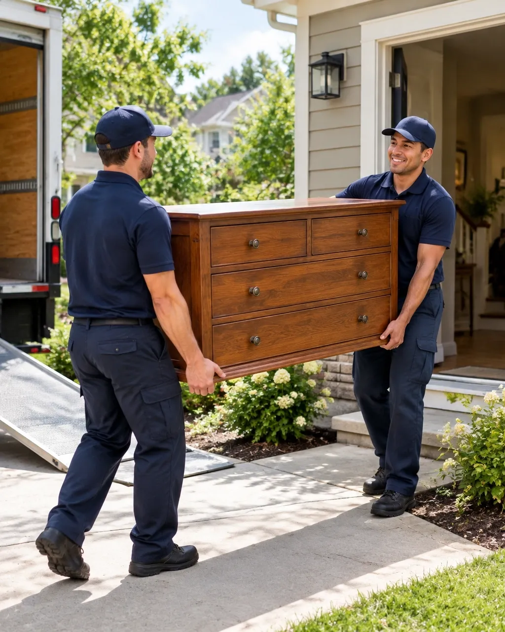 Movers carefully carrying a dresser