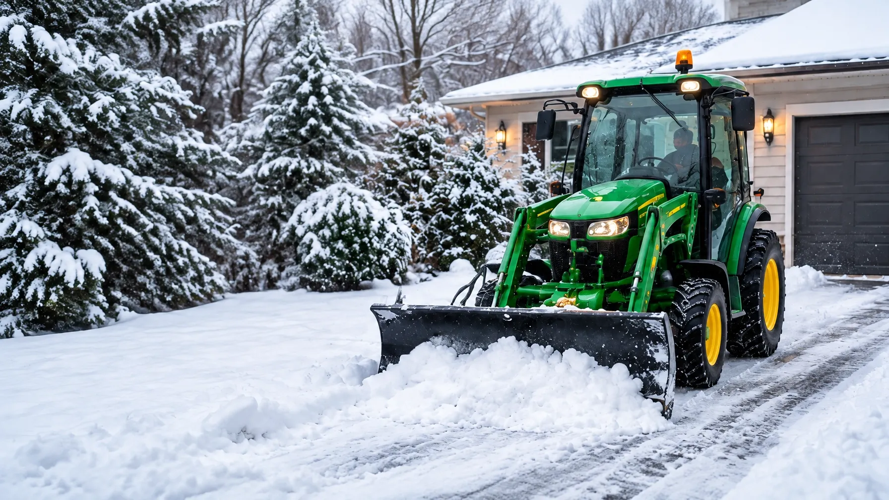 A compact tractor plowing snow from a residential driveway